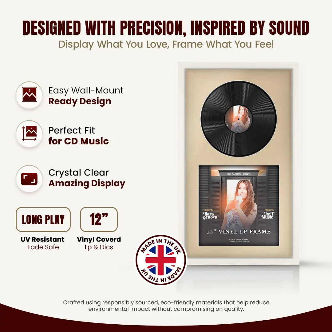 30x17" Modern Sleek White Vinyl Record Frame With Ivory Mount | Displays 12" LP Cover & Disc Side by Side thumbnail 8