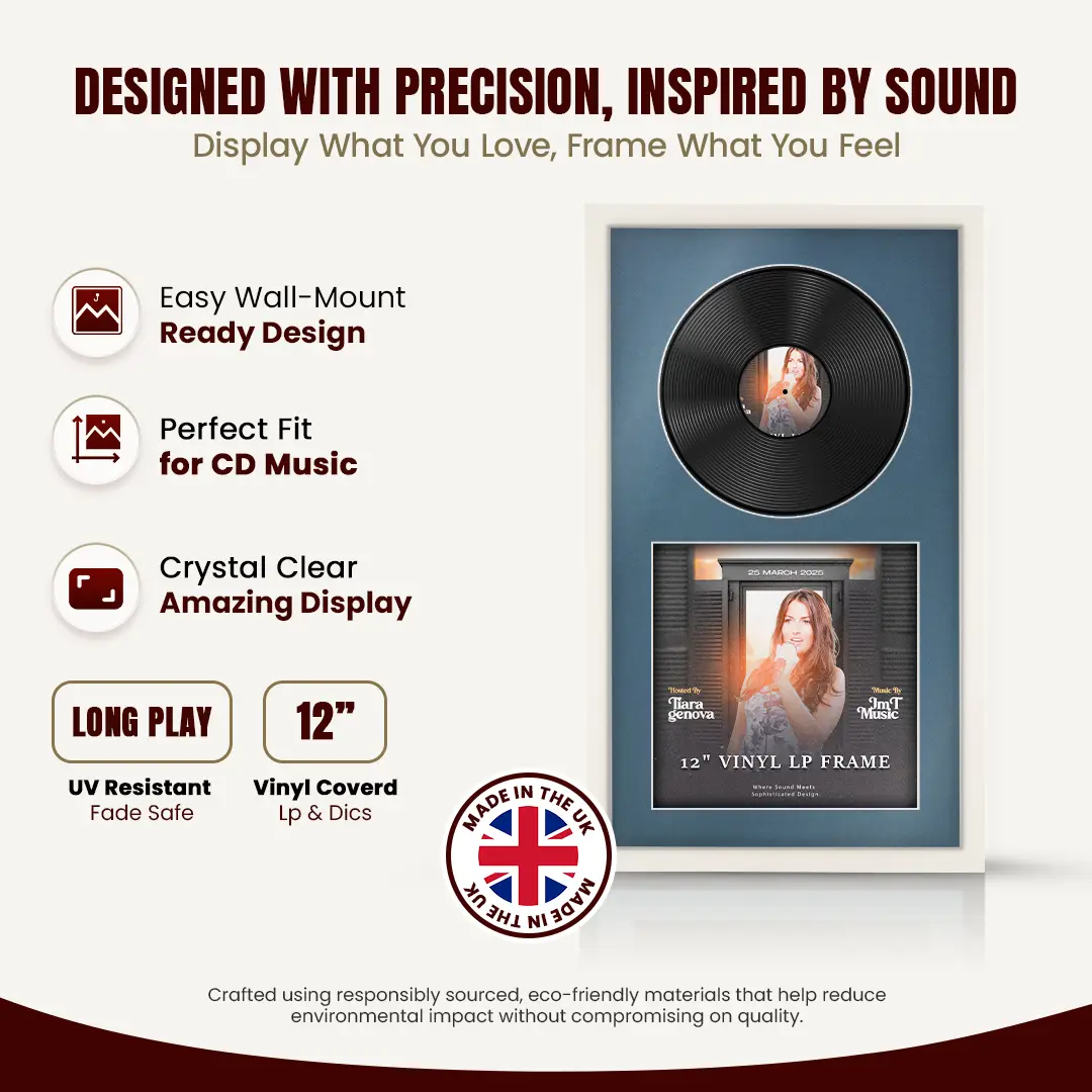 30x17" Modern Sleek White Vinyl Record Frame With Pompador Mount | Side by Side 12" LP Cover & Disc Display thumbnail 8