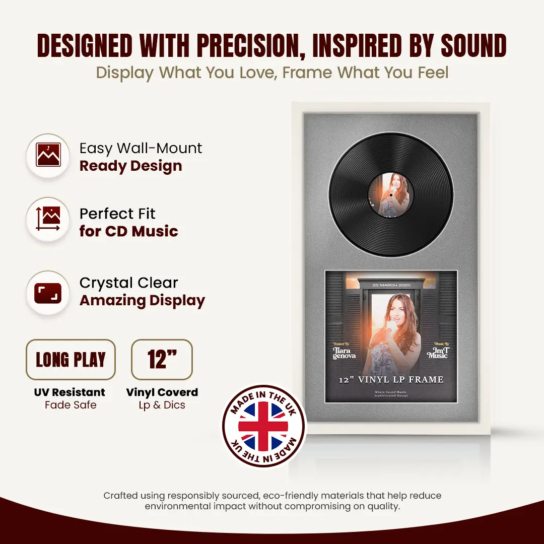 30x17" Modern Sleek White Vinyl Record Frame With Silver Mount | Displays 12" LP Cover & Disc Side by Side thumbnail 8