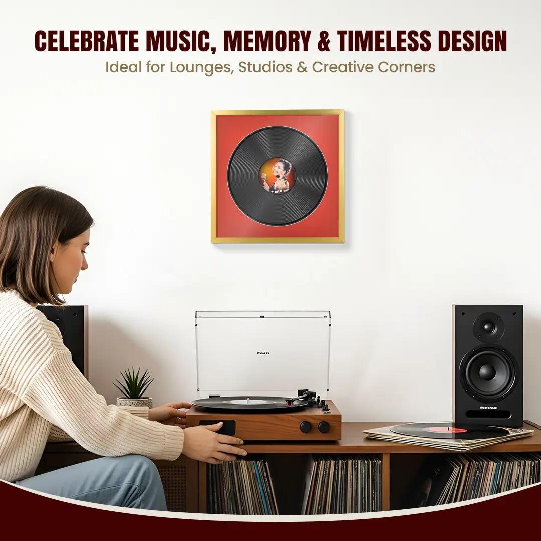 16x16" Modern Sleek Gold Vinyl Record Frame With Poppy Red Mount For 12" LP Discs | Contemporary Wall Display thumbnail 4