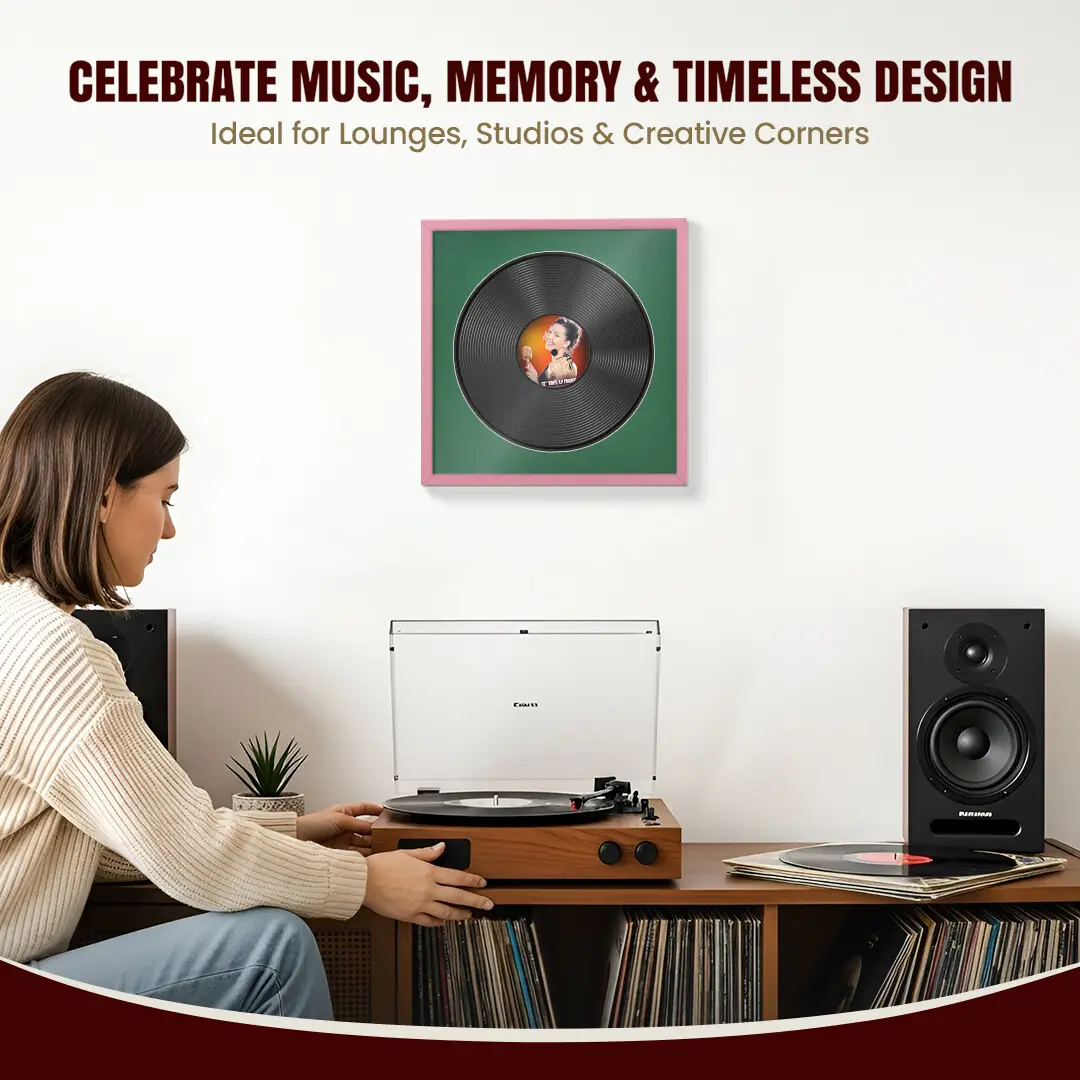 16x16" Modern Sleek Pastel Pink Vinyl Record Frame With Emerald (Green) Mount For 12" LP Discs | Premium Wall Frame For Music Enthusiasts thumbnail 4