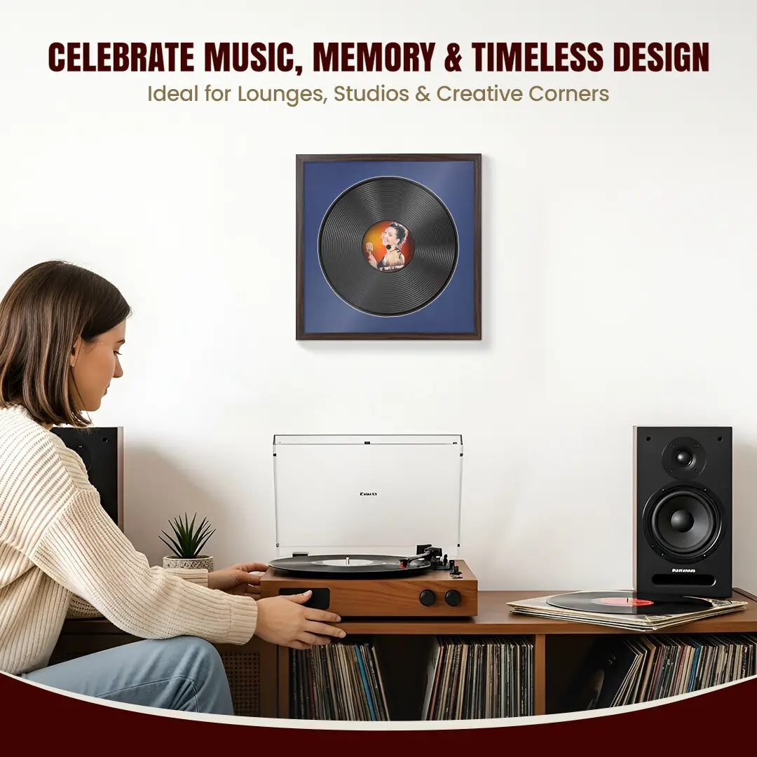 16x16" Modern Sleek Walnut Vinyl Record Frame With Blue Mount For 12" LP Discs | Elegant Frame For Music Lovers thumbnail 4
