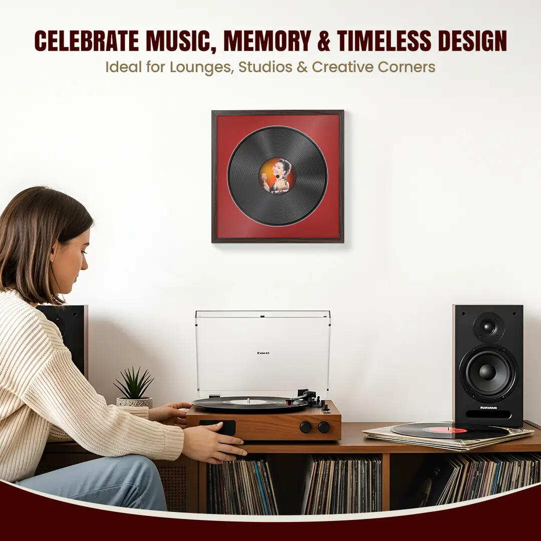 16x16" Modern Sleek Walnut Vinyl Record Frame With Crimson Mount For 12" LP Discs | Premium Wall Frame For Music Enthusiasts thumbnail 4