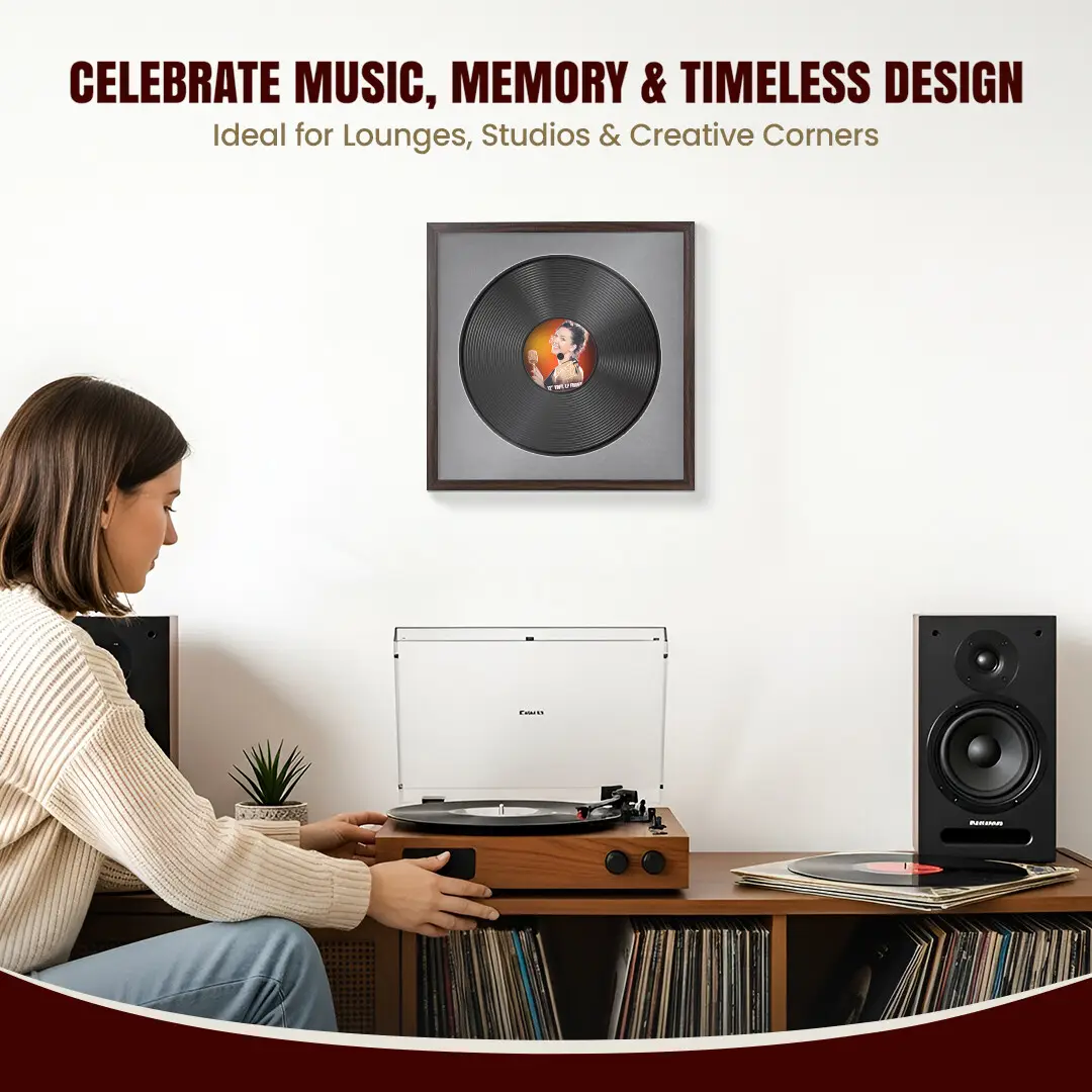 16x16" Modern Sleek Walnut Vinyl Record Frame With Mid Grey Mount For 12" LP Discs | Contemporary Wall Display thumbnail 4