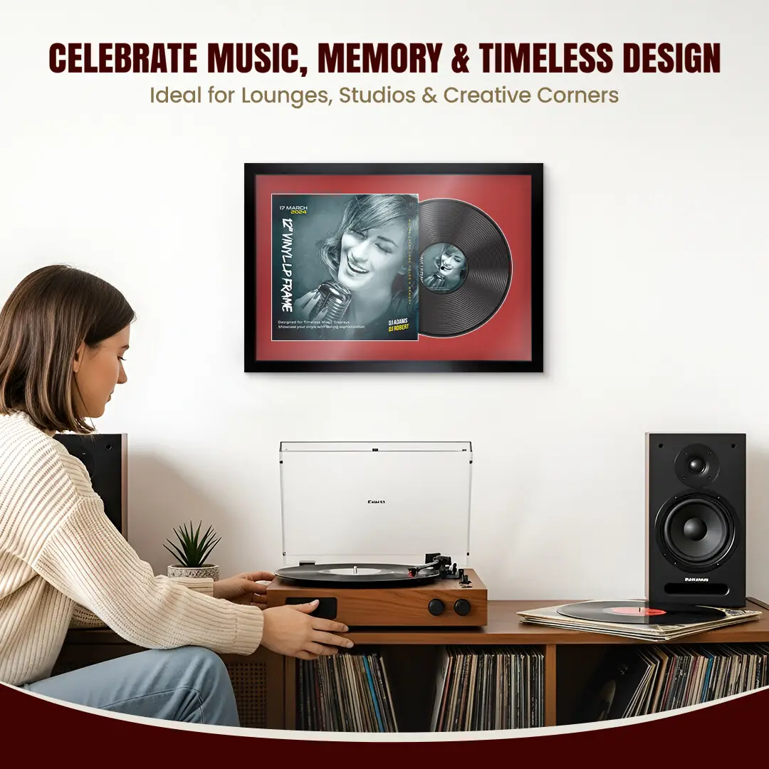 25x17" Modern Sleek Black Vinyl Record Frame For 12 Inch LP Cover & Disc (Overlapped) With Crimson Mount | Elegant Music Display thumbnail 4