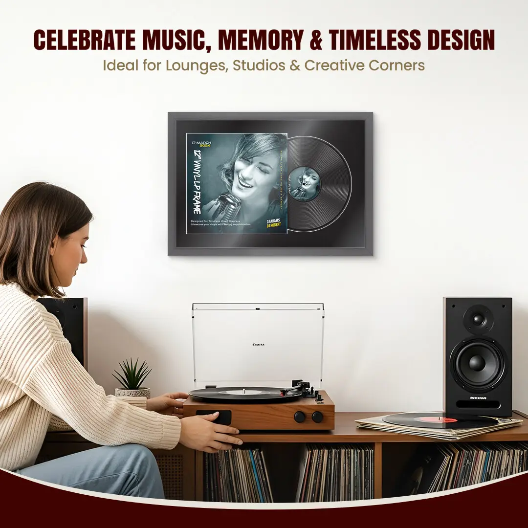 25x17" Modern Sleek Dark Grey Vinyl Record Frame For 12 Inch LP Cover & Disc (Overlapped) With Black Mount | Elegant Music Display thumbnail 4