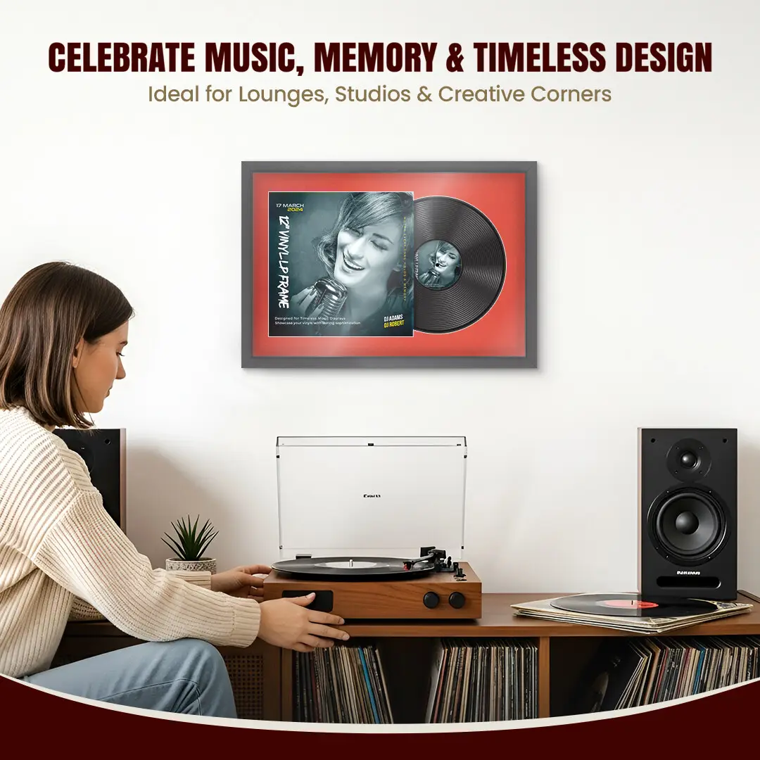 25x17" Modern Sleek Dark Grey Vinyl Record Frame For 12 Inch LP Cover & Disc With Poppy Red Mount | Overlapped Vinyl Display thumbnail 4