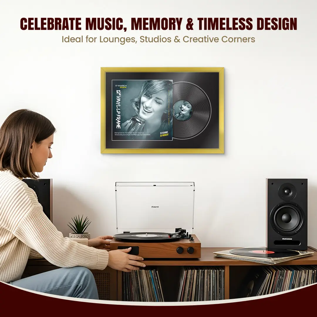 25x17" Modern Sleek Gold Vinyl Record Frame For LP Cover & Disc With Black Mount | Overlapped Display thumbnail 4