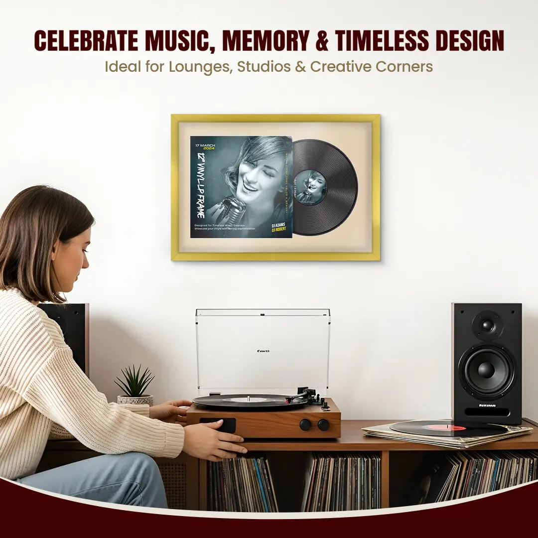 25x17" Modern Sleek Gold Vinyl Record Frame For 12 Inch LP Cover & Disc With Ivory Mount | Overlapped Vinyl Display thumbnail 4