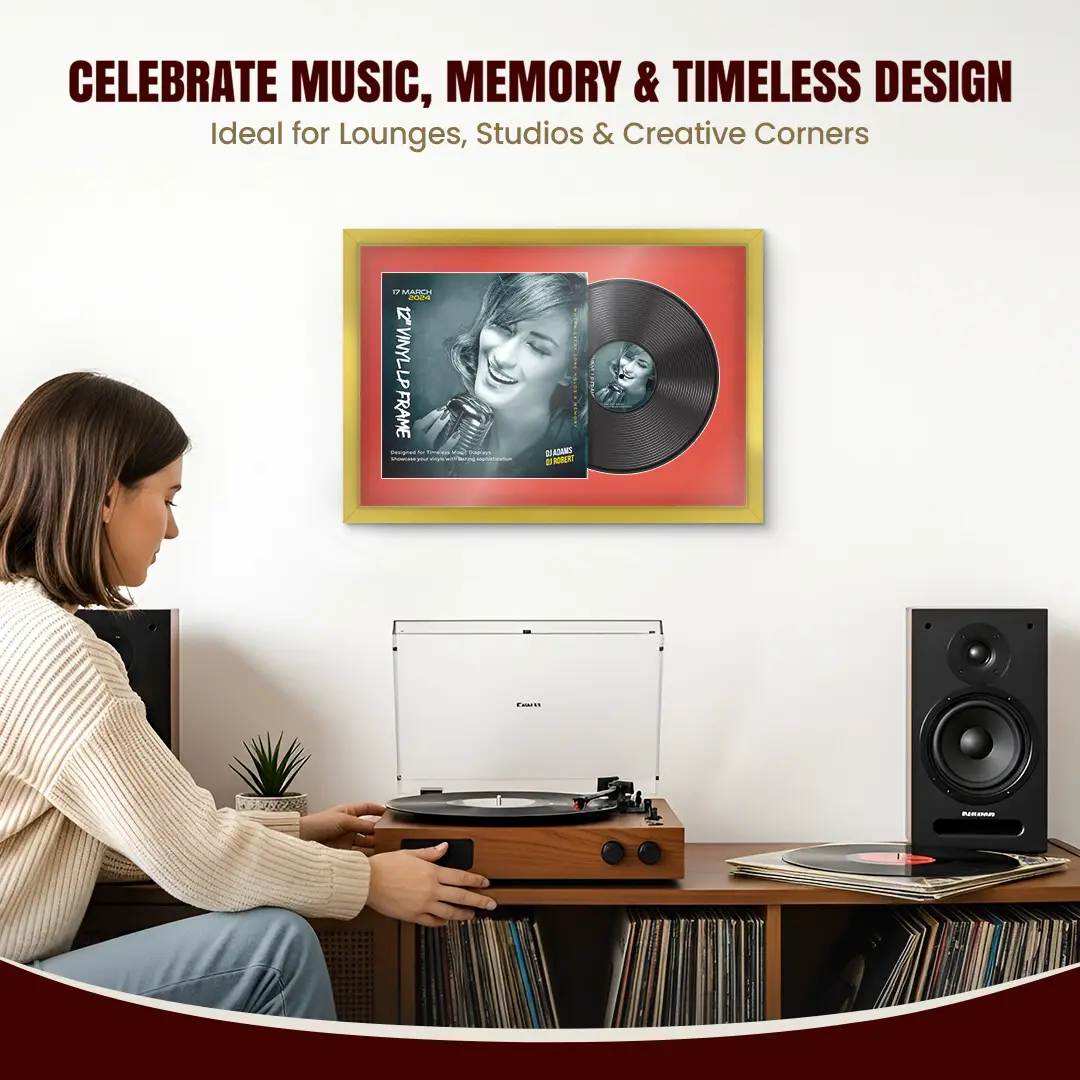 25x17" Modern Sleek Gold Vinyl Record Frame For LP Cover & Disc With Poppy Red Mount | Overlapped Display thumbnail 4
