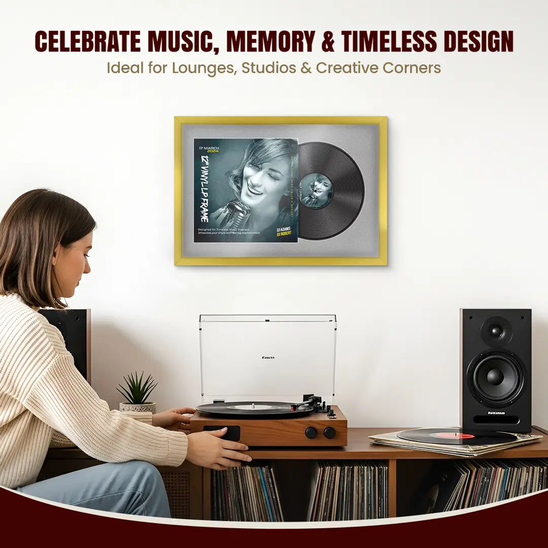 25x17" Modern Sleek Gold Vinyl Record Frame For 12 Inch LP Cover & Disc With Black Mount | Overlapped Vinyl Display thumbnail 4