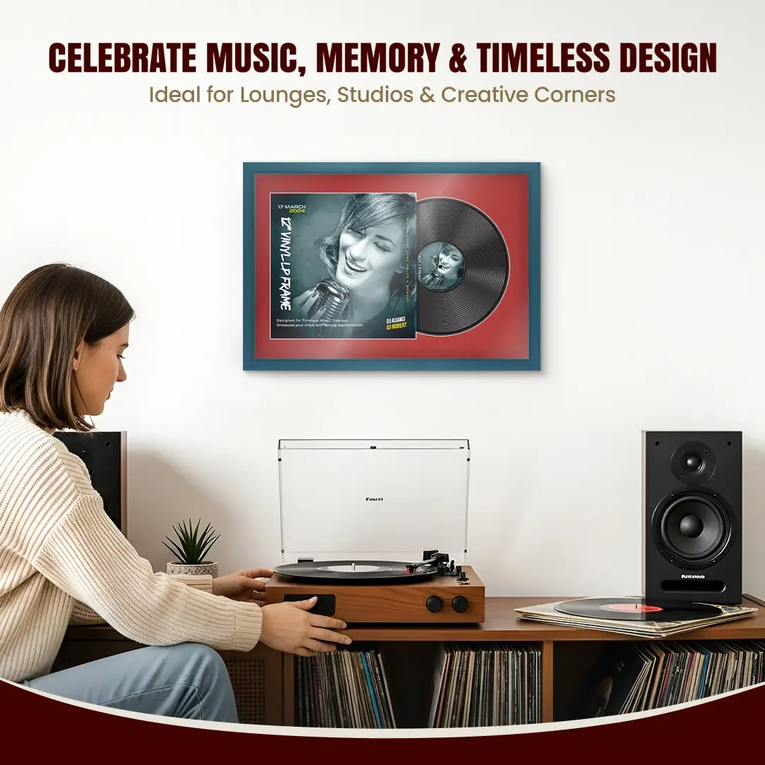 25x17" Modern Sleek Navy Blue Vinyl Record Frame For 12 Inch LP Cover & Disc (Overlapped) With Crimson Mount | Elegant Music Display thumbnail 4