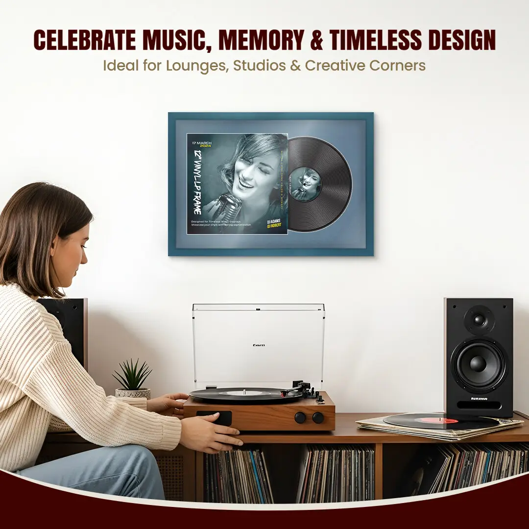 25x17" Modern Sleek Navy Blue Vinyl Record Frame For LP Cover & Disc With Pompador Mount | Overlapped Display thumbnail 4