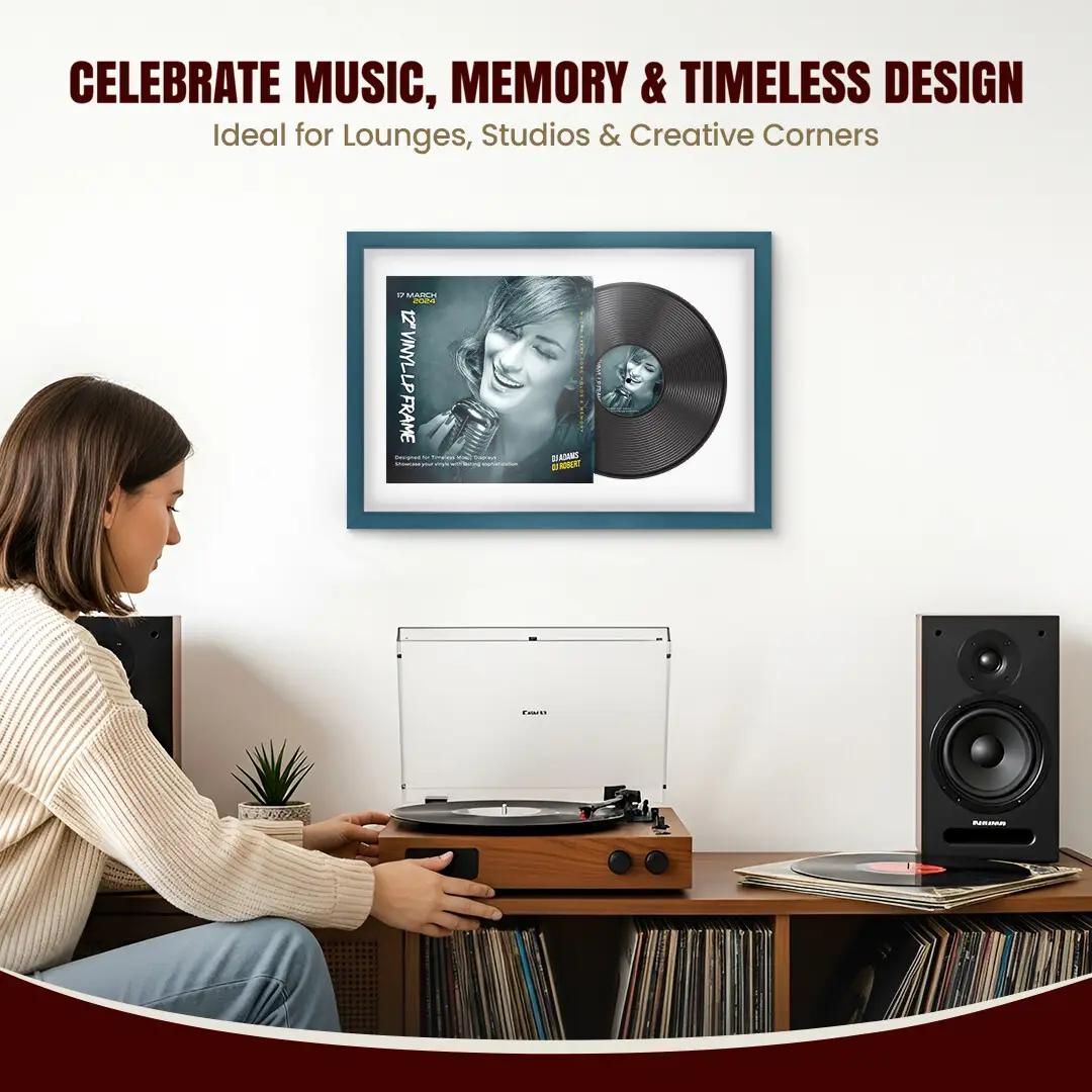 25x17" Modern Sleek Navy Blue Vinyl Record Frame For LP Cover & Disc With Ice White Mount | Overlapped Display thumbnail 4