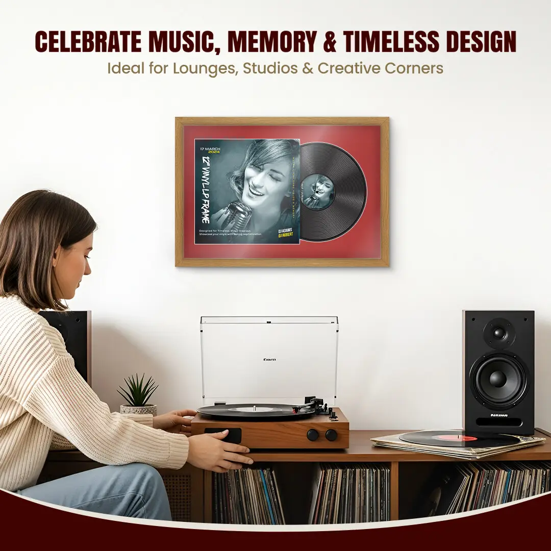 25x17" Modern Sleek Oak Vinyl Record Frame For 12 Inch LP Cover & Disc With Crimson Mount | Overlapped Vinyl Display thumbnail 4