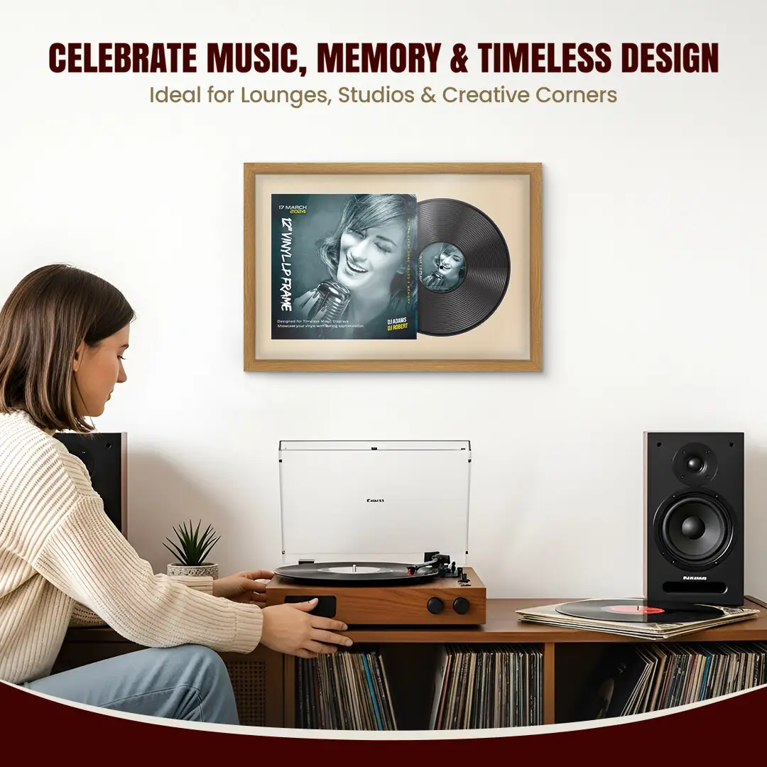 25x17" Modern Sleek Oak Vinyl Record Frame For 12 Inch LP Cover & Disc With Ivory Mount | Overlapped Vinyl Display thumbnail 4
