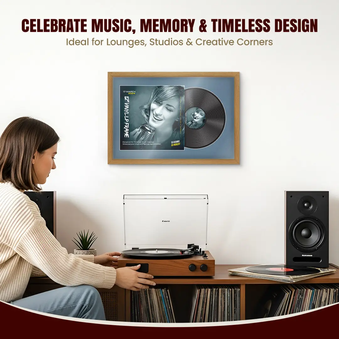 25x17" Modern Sleek Oak Vinyl Record Frame For LP Cover & Disc With Pompador Mount | Overlapped Display thumbnail 4