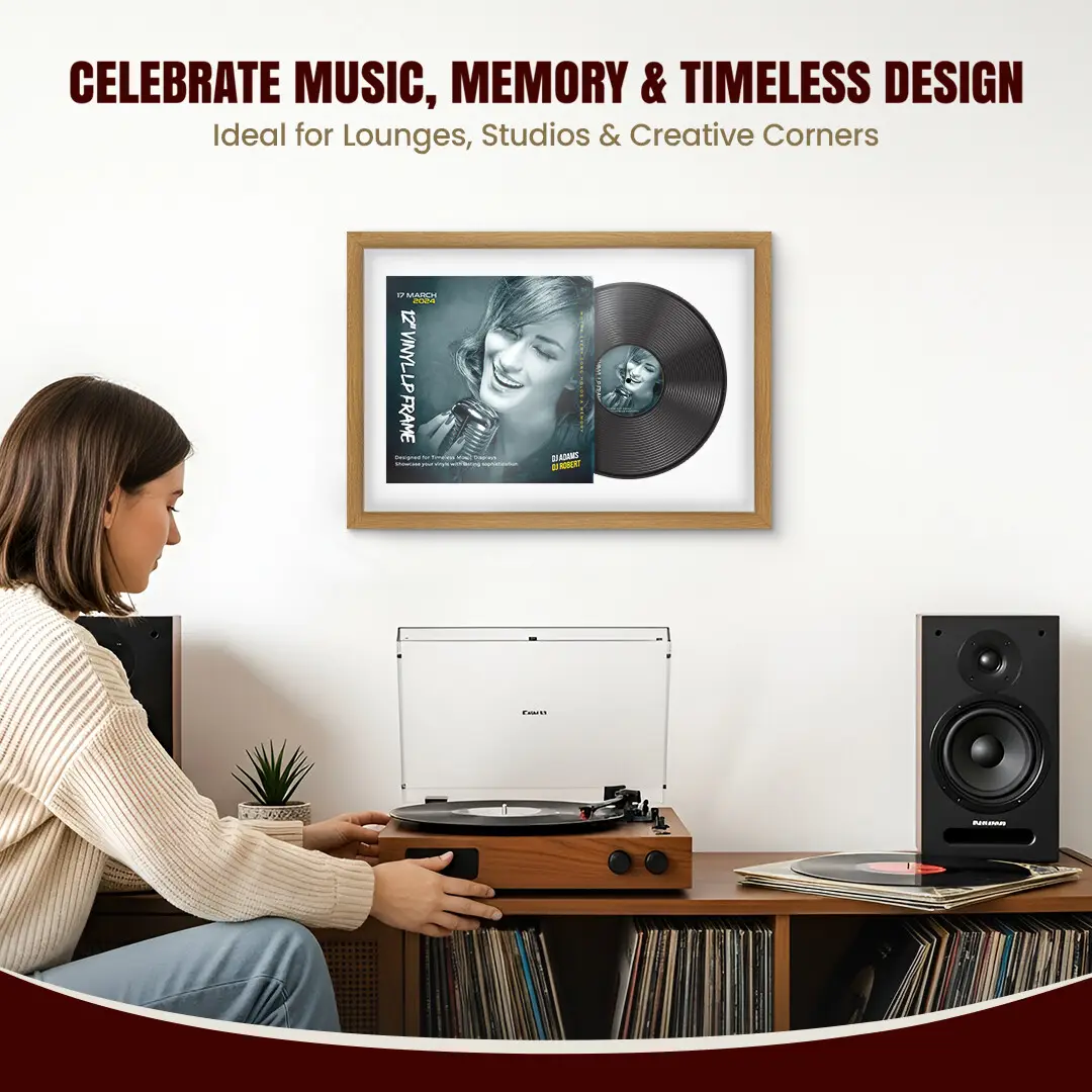 25x17" Modern Sleek Oak Vinyl Record Frame For 12 Inch LP Cover & Disc (Overlapped) With Ice White Mount | Elegant Music Display thumbnail 4