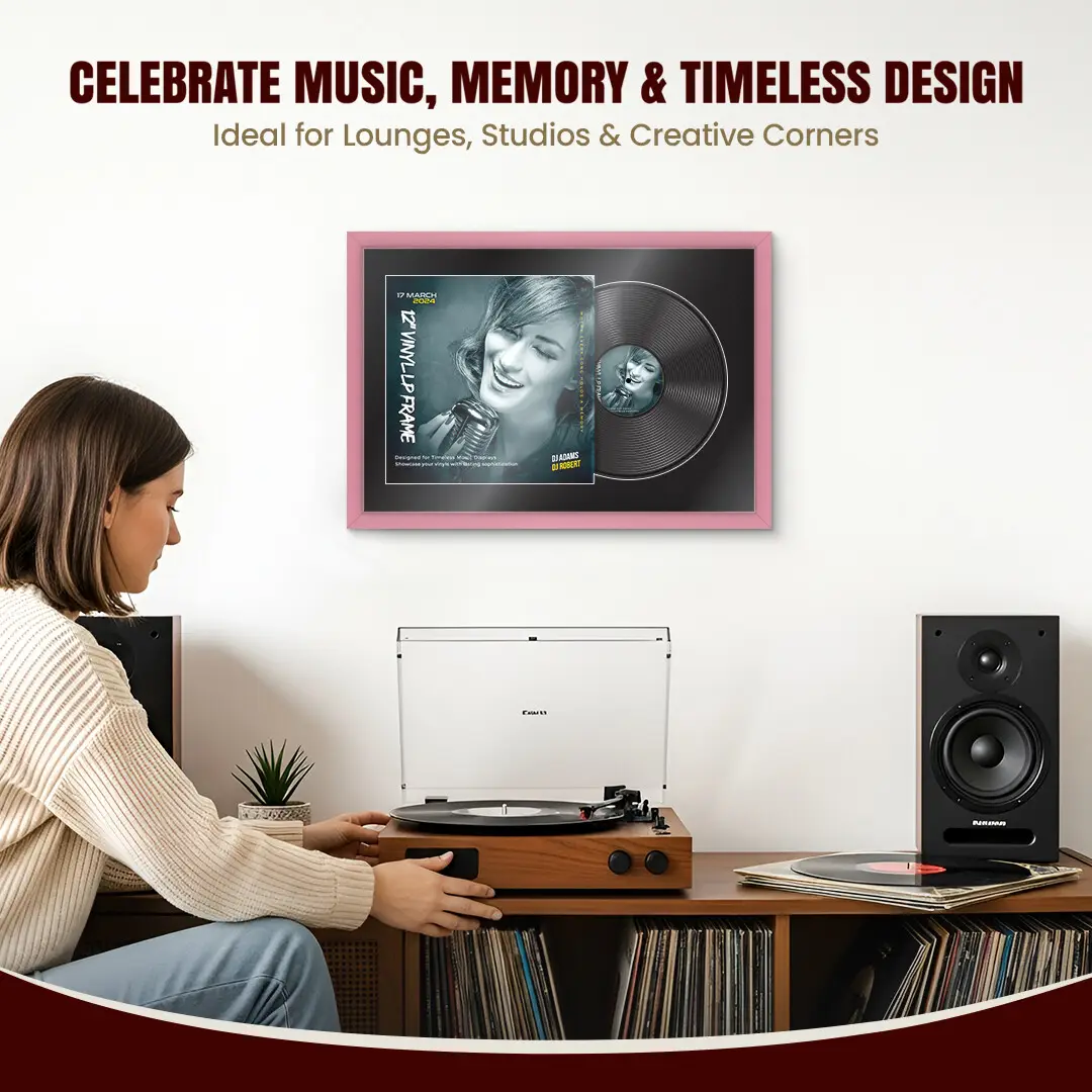 25x17" Modern Sleek Pastel Pink Vinyl Record Frame For 12 Inch LP Cover & Disc (Overlapped) With Black Mount | Elegant Music Display thumbnail 4