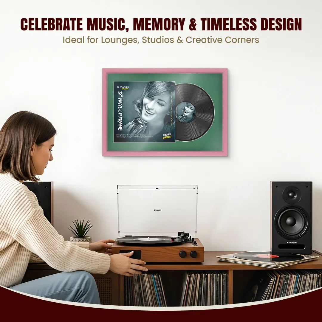 25x17" Modern Sleek Pastel Pink Vinyl Record Frame For 12 Inch LP Cover & Disc With Emerald (Green) Mount | Overlapped Vinyl Display thumbnail 4