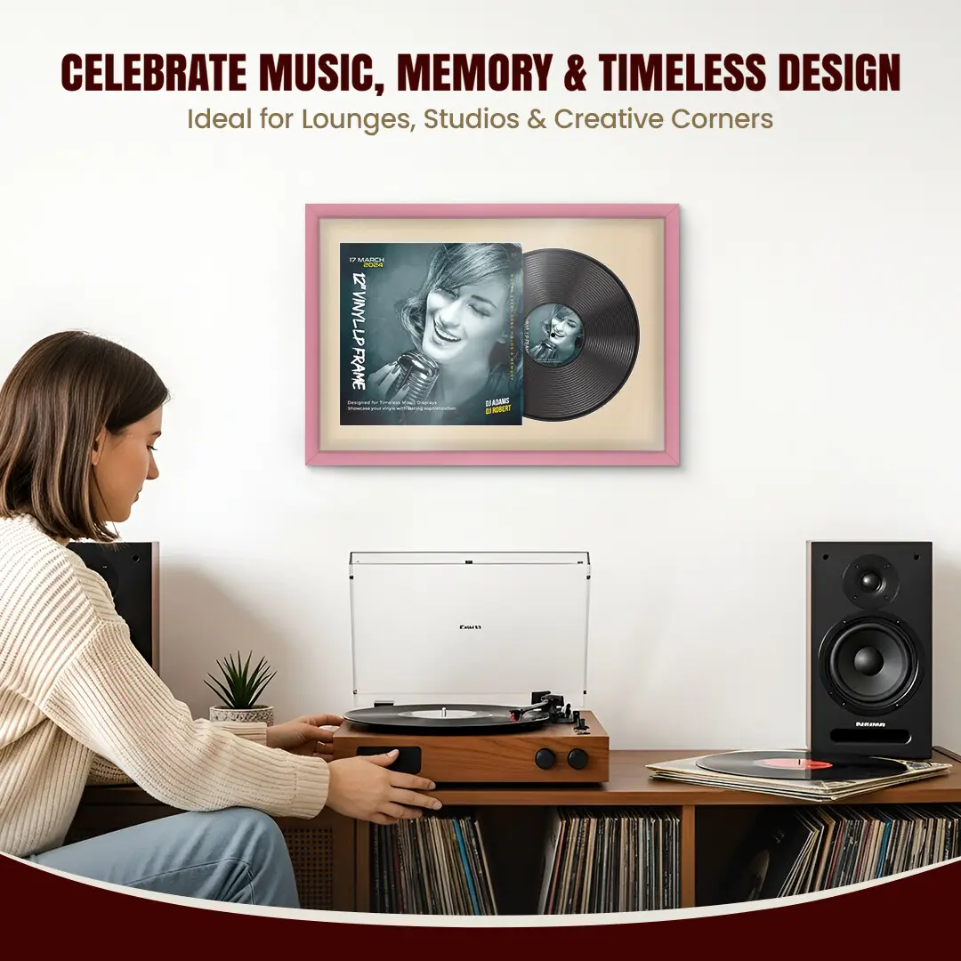 25x17" Modern Sleek Pastel Pink Vinyl Record Frame For 12 Inch LP Cover & Disc With Ivory Mount | Overlapped Vinyl Display thumbnail 4