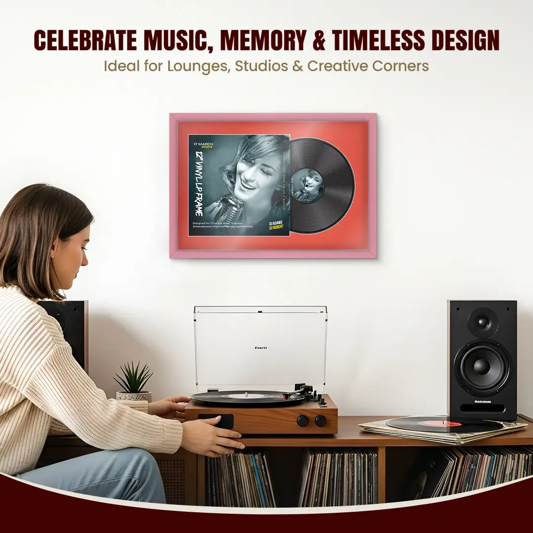 25x17" Modern Sleek Pastel Pink Vinyl Record Frame For 12 Inch LP Cover & Disc With Poppy Red Mount | Overlapped Vinyl Display thumbnail 4