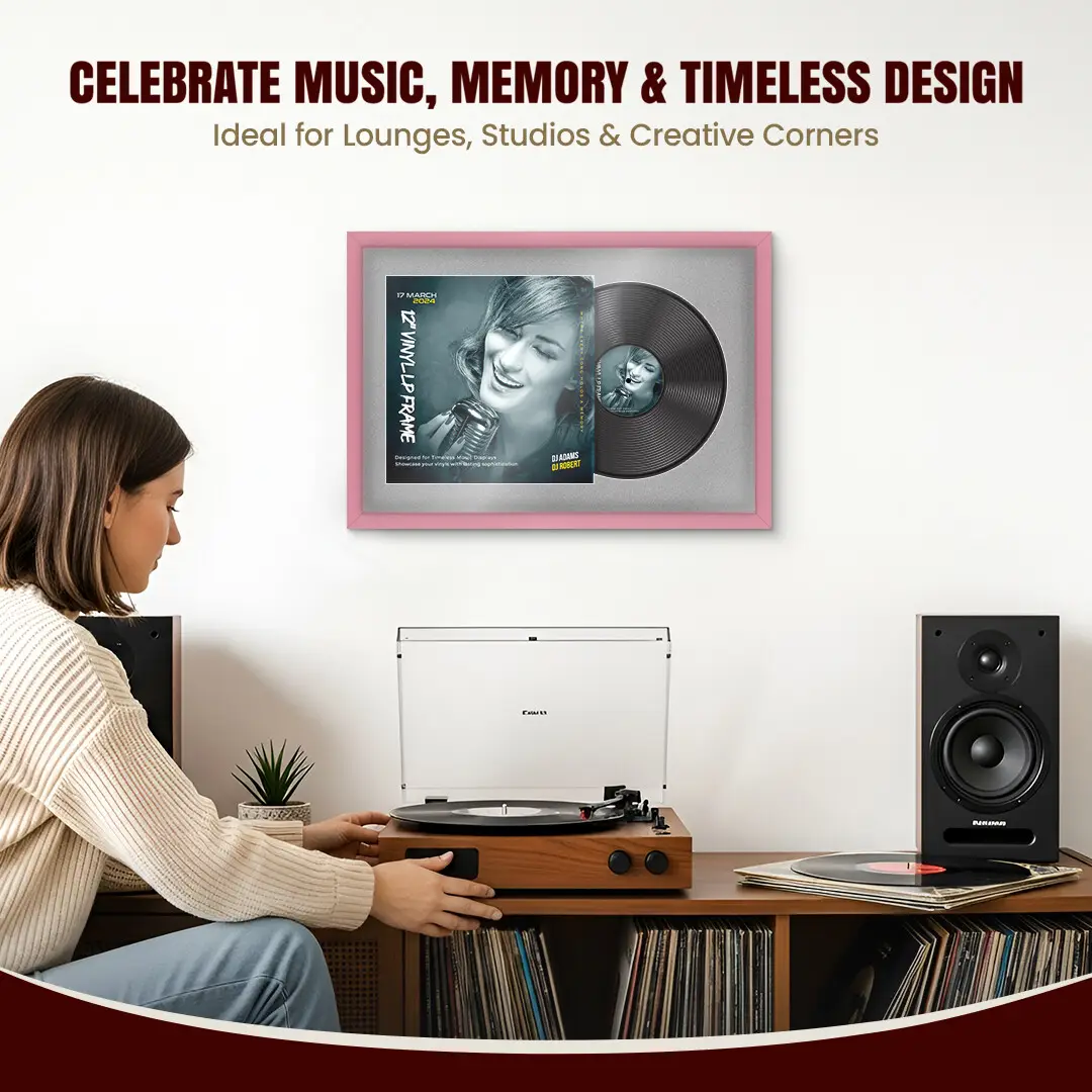 25x17" Modern Sleek Pastel Pink Vinyl Record Frame For 12 Inch LP Cover & Disc With Silver Mount | Overlapped Vinyl Display thumbnail 4