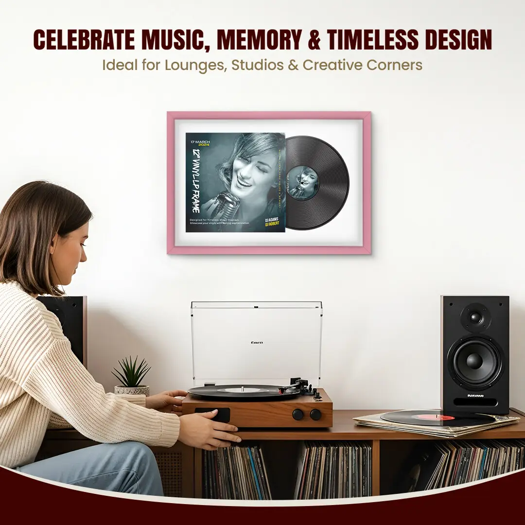 25x17" Modern Sleek Pastel Pink Vinyl Record Frame For LP Cover & Disc With Ice White Mount | Overlapped Display thumbnail 4