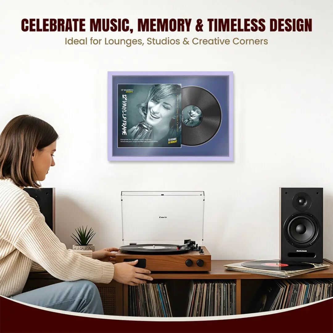 25x17" Modern Sleek Purple Vinyl Record Frame For 12 Inch LP Cover & Disc (Overlapped) With Blue Mount | Elegant Music Display thumbnail 4