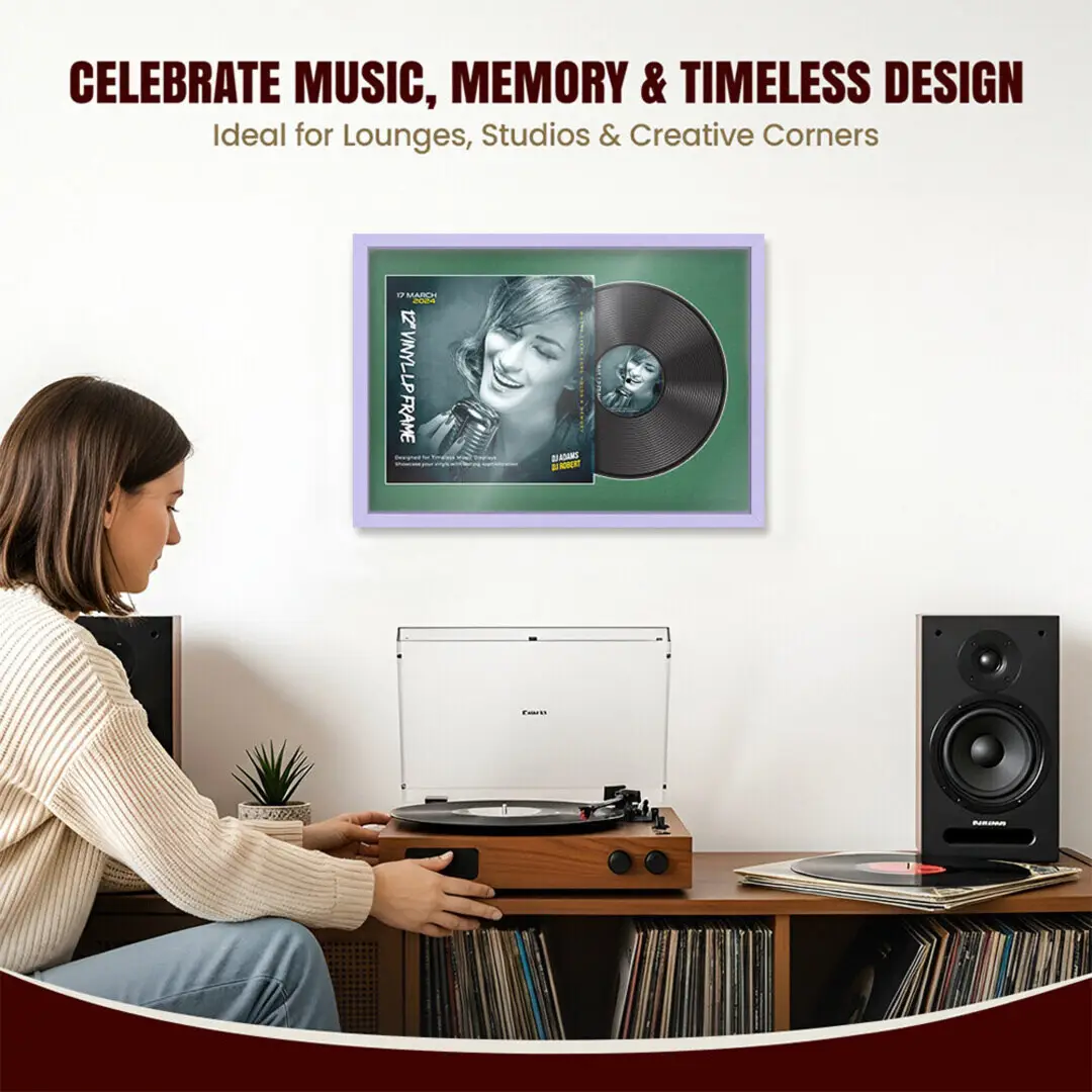 25x17" Modern Sleek Purple Vinyl Record Frame For 12 Inch LP Cover & Disc (Overlapped) With Emerald (Green) Mount | Elegant Music Display thumbnail 4