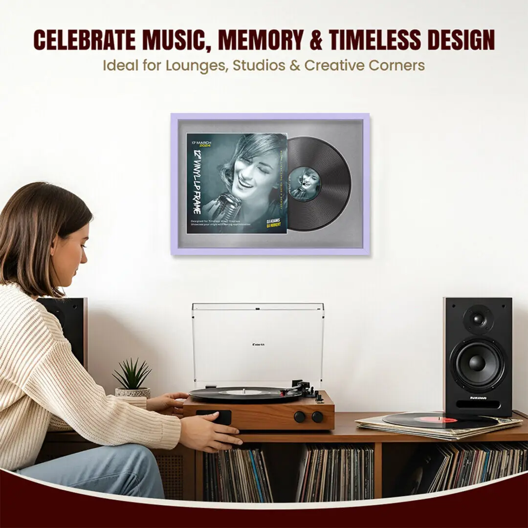 25x17" Modern Sleek Purple Vinyl Record Frame For LP Cover & Disc With Mid Grey Mount | Overlapped Display thumbnail 4