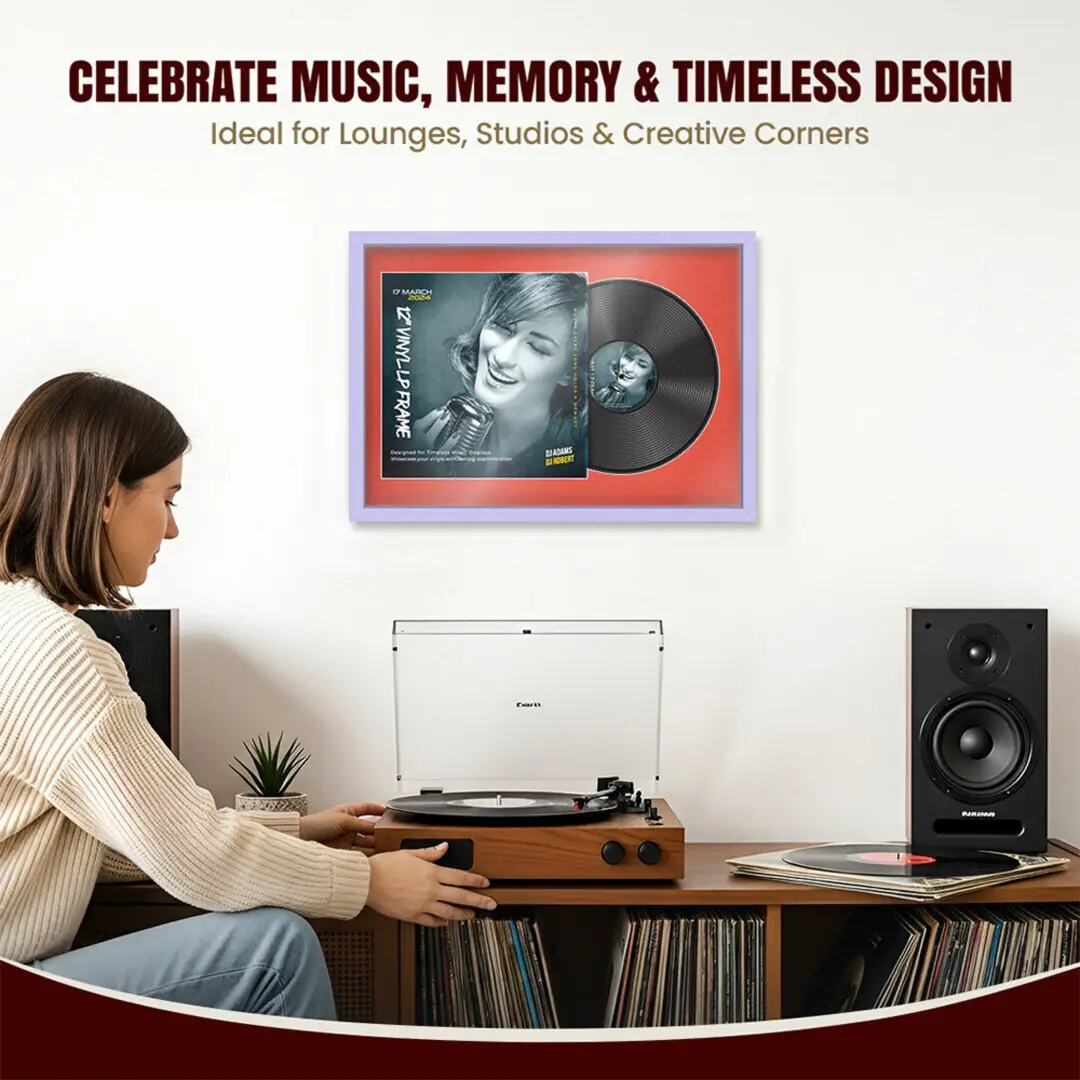 25x17" Modern Sleek Purple Vinyl Record Frame For LP Cover & Disc With Poppy Red Mount | Overlapped Display thumbnail 4