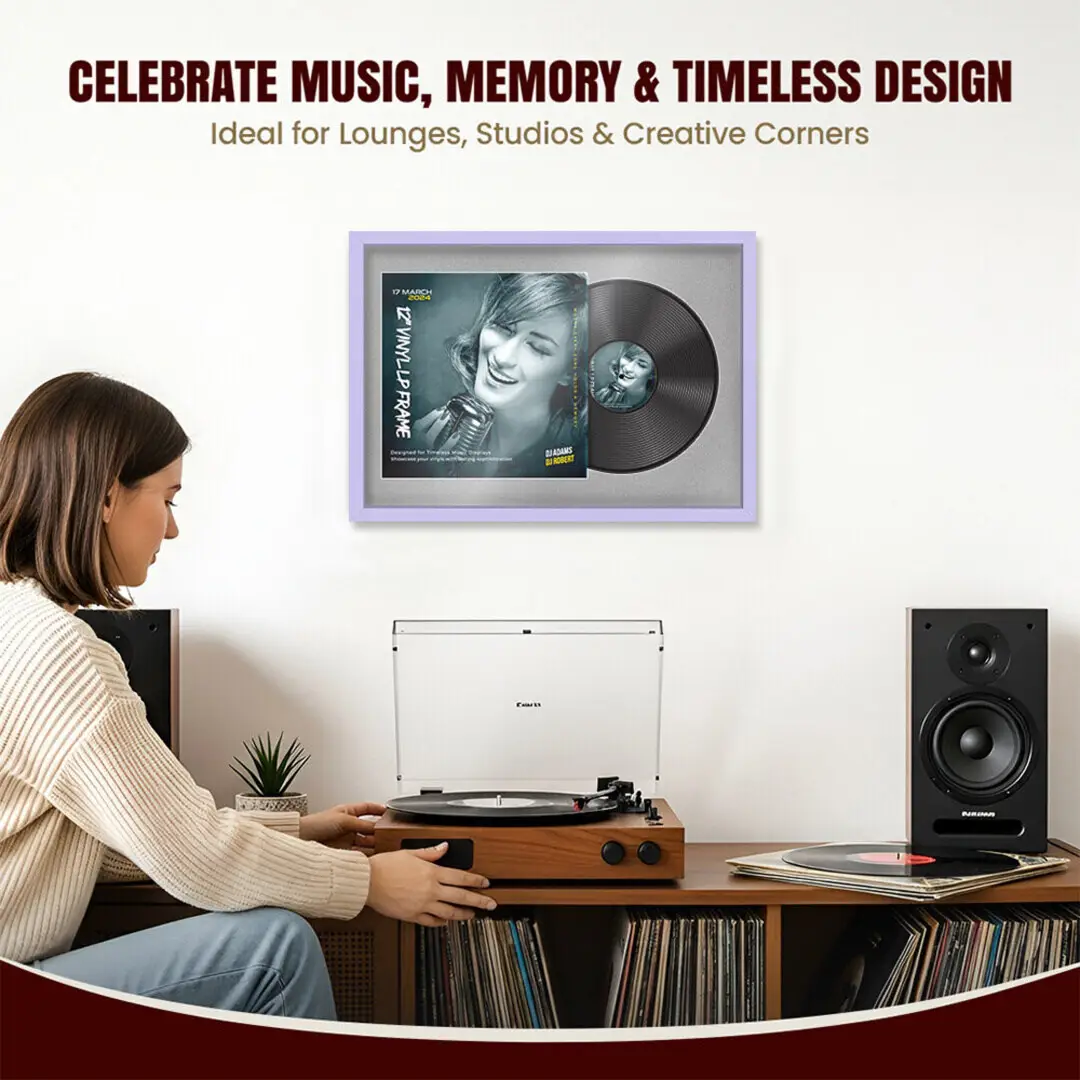 25x17" Modern Sleek Purple Vinyl Record Frame For 12 Inch LP Cover & Disc (Overlapped) With Silver Mount | Elegant Music Display thumbnail 4