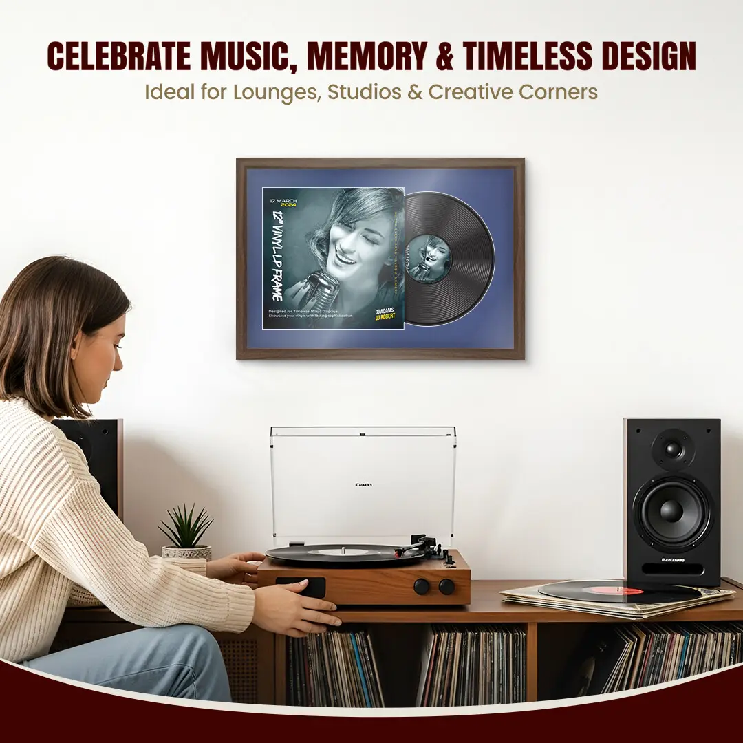 25x17" Modern Sleek Walnut Vinyl Record Frame For LP Cover & Disc With Blue Mount | Overlapped Display thumbnail 4