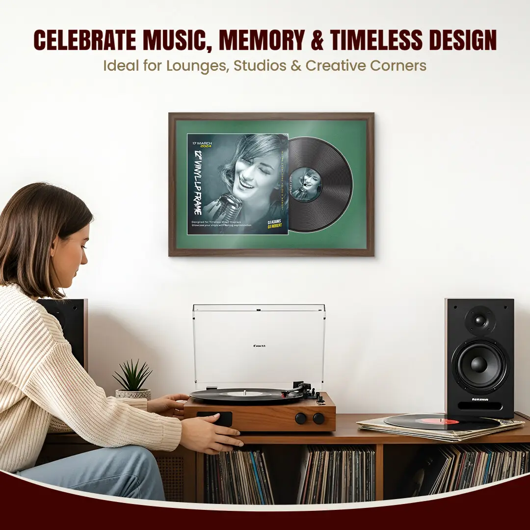 25x17" Modern Sleek Walnut Vinyl Record Frame For 12 Inch LP Cover & Disc (Overlapped) With Emerald (Green) Mount | Elegant Music Display thumbnail 4