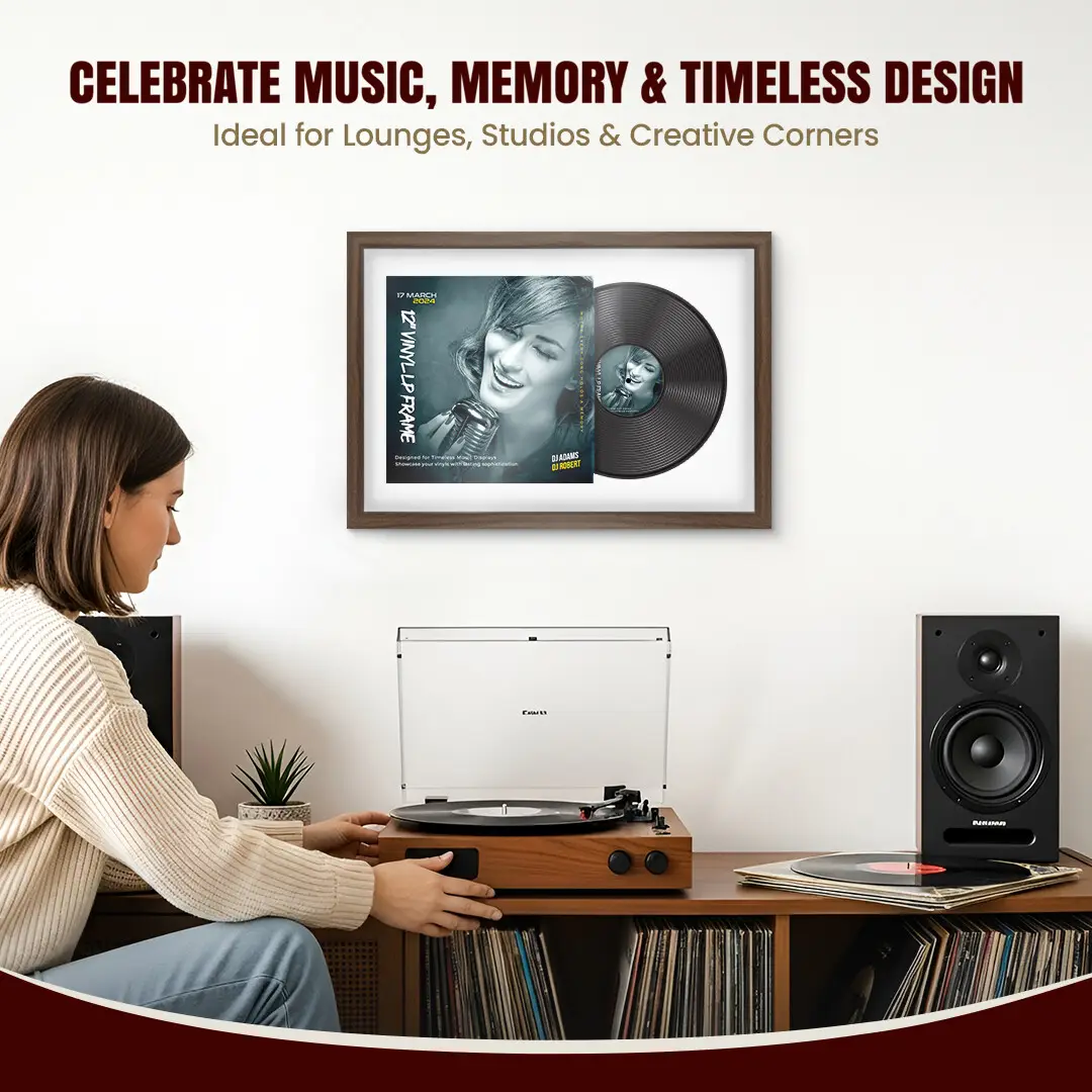 25x17" Modern Sleek Walnut Vinyl Record Frame For 12 Inch LP Cover & Disc (Overlapped) With Ice White Mount | Elegant Music Display thumbnail 4