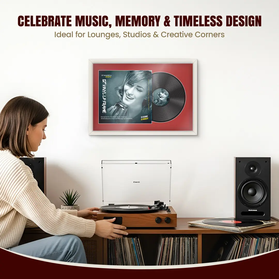 25x17" Modern Sleek White Vinyl Record Frame For LP Cover & Disc With Crimson Mount | Overlapped Display thumbnail 4