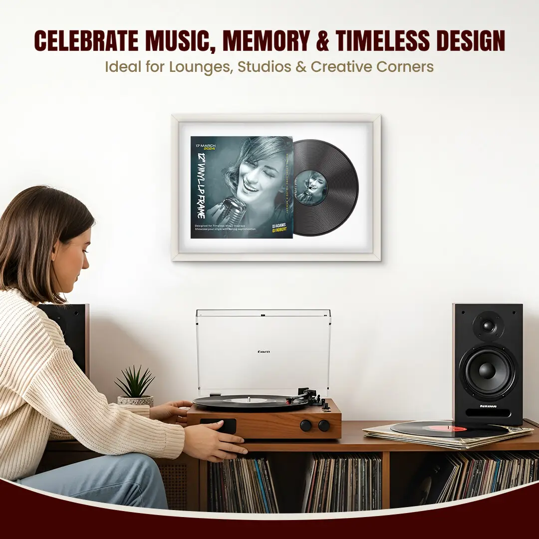 25x17" Modern Sleek White Vinyl Record Frame For 12 Inch LP Cover & Disc With Ice White Mount | Overlapped Vinyl Display thumbnail 4