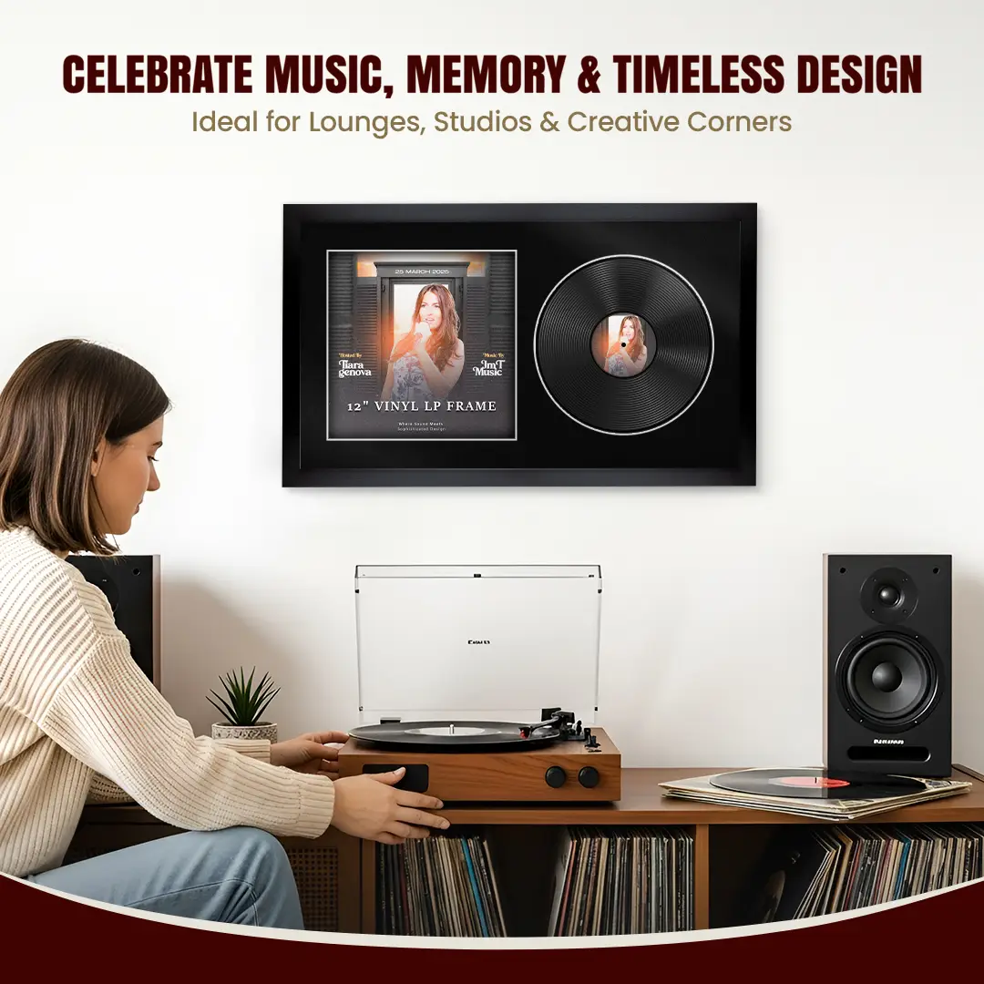 30x17" Modern Sleek Black Vinyl Record Frame With Black Mount | Displays 12" LP Cover & Disc Side by Side thumbnail 4