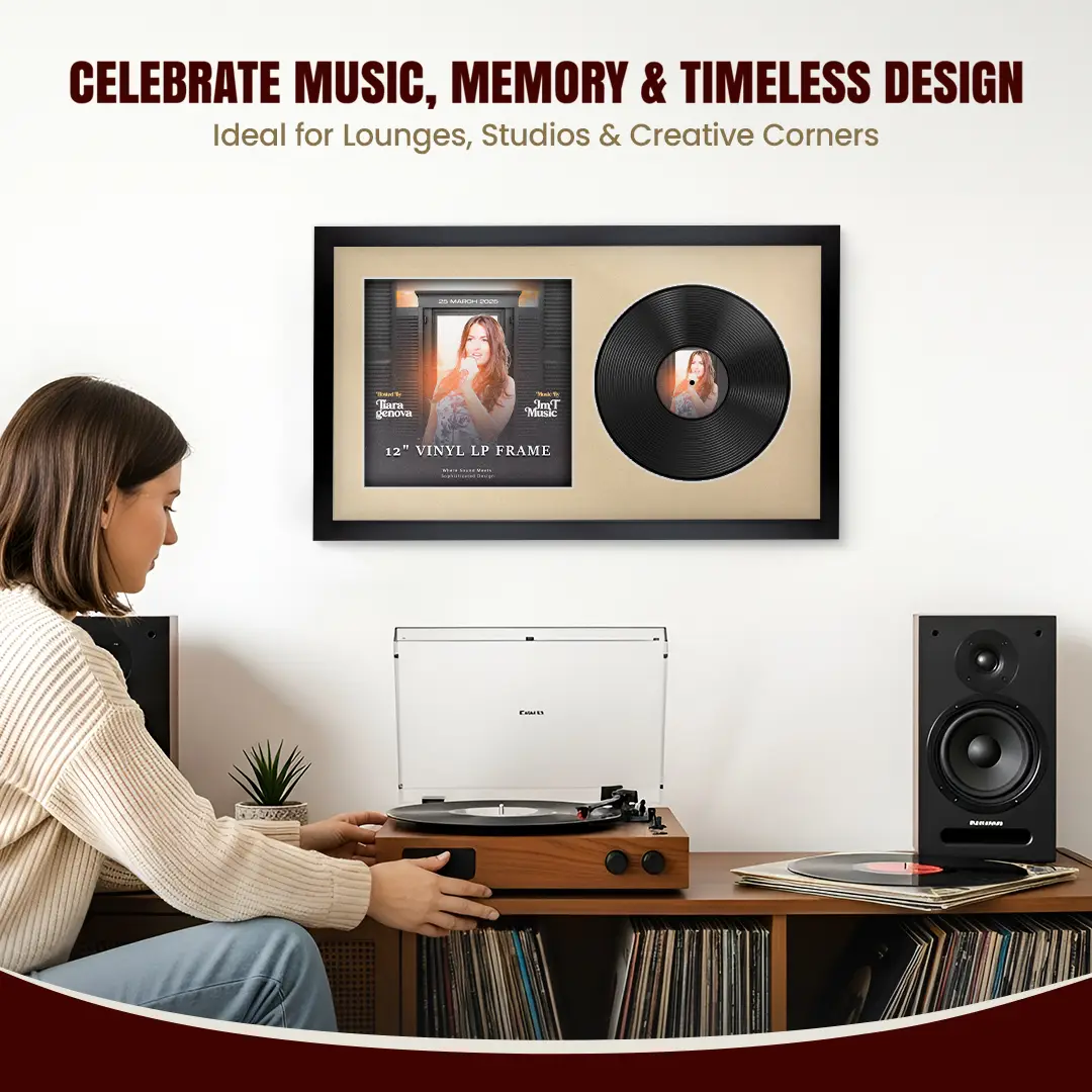 30x17" Modern Sleek Black Vinyl Record Frame With Ivory Mount | Side by Side 12" LP Cover & Disc Display thumbnail 4