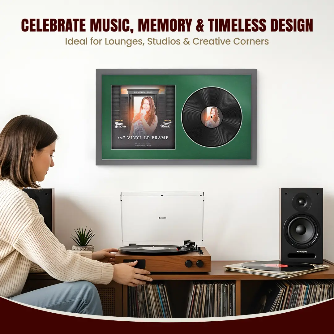 30x17" Modern Sleek Dark Grey Vinyl Record Frame With Emerald (Green) Mount | Displays 12" LP Cover & Disc Side by Side thumbnail 4