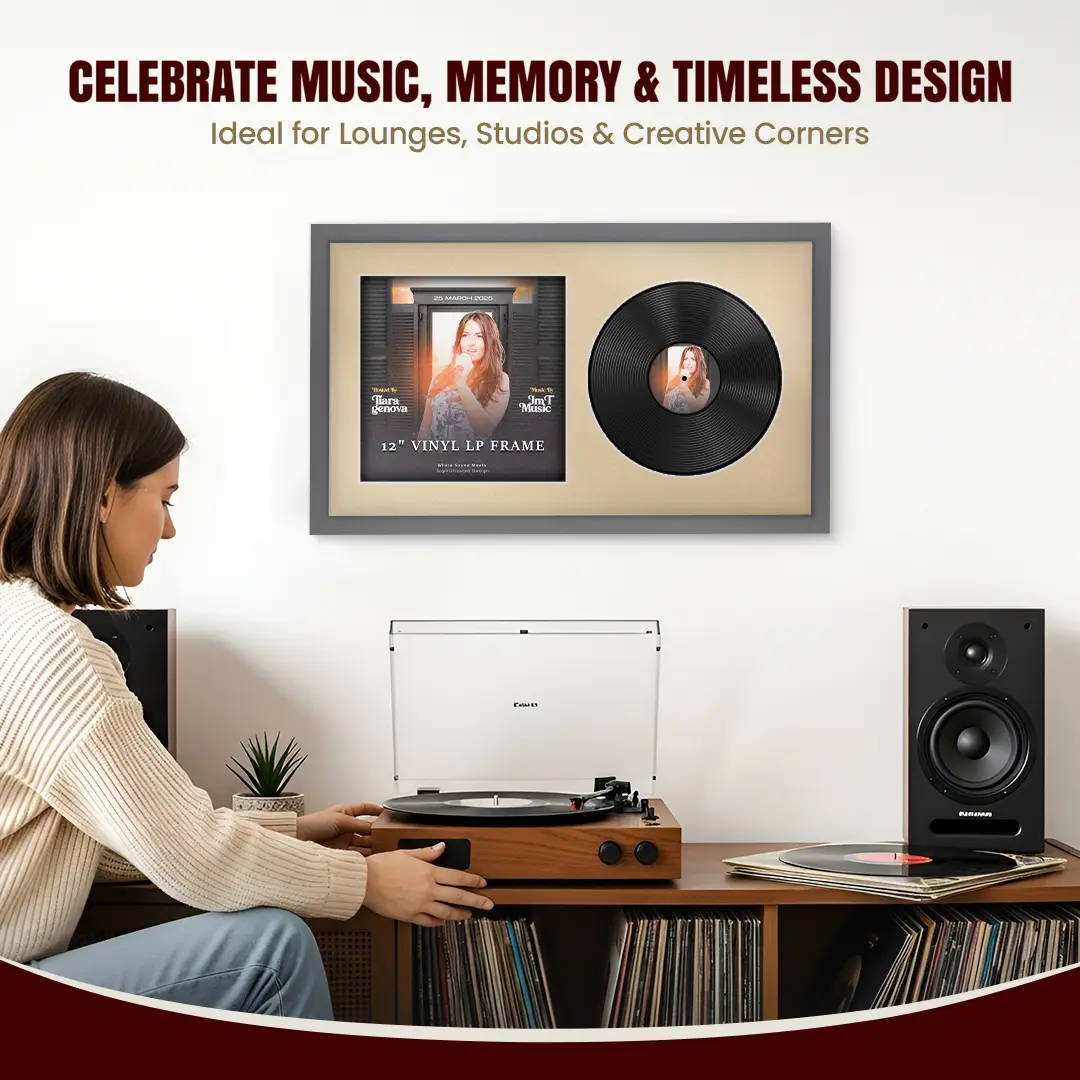 30x17" Modern Sleek Dark Grey Vinyl Record Frame With Ivory Mount | Side by Side 12" LP Cover & Disc Display thumbnail 4