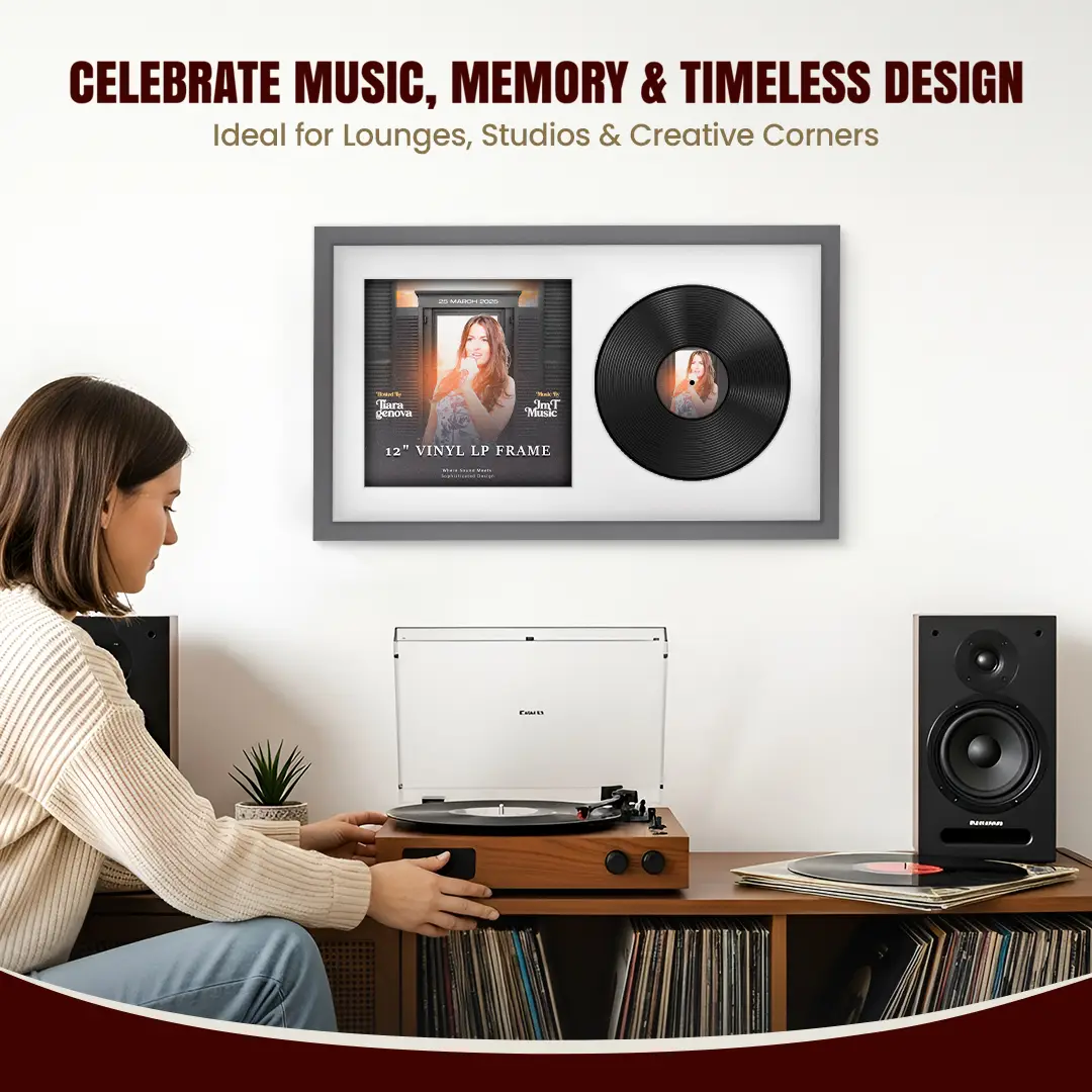 30x17" Modern Sleek Dark Grey Vinyl Record Frame With Ice White Mount | Side by Side 12" LP Cover & Disc Display thumbnail 4