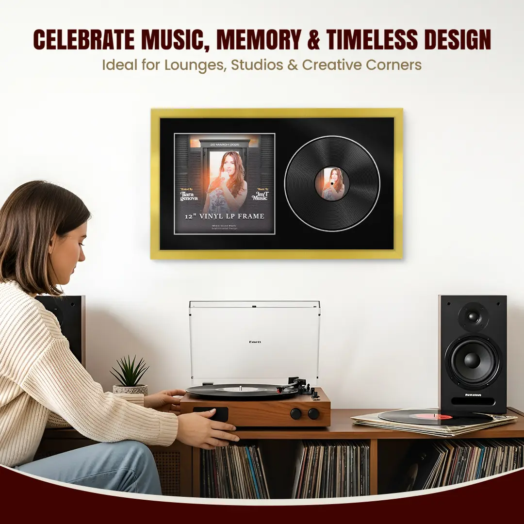30x17" Modern Sleek Gold Vinyl Record Frame With Black Mount | Displays 12" LP Cover & Disc Side by Side thumbnail 4