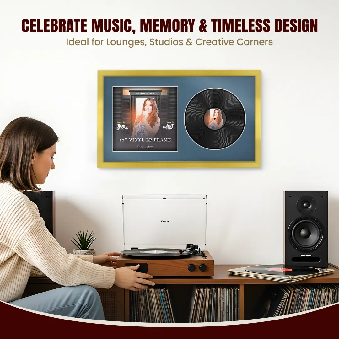 30x17" Modern Sleek Gold Vinyl Record Frame With Pompador Mount | Displays 12" LP Cover & Disc Side by Side thumbnail 4