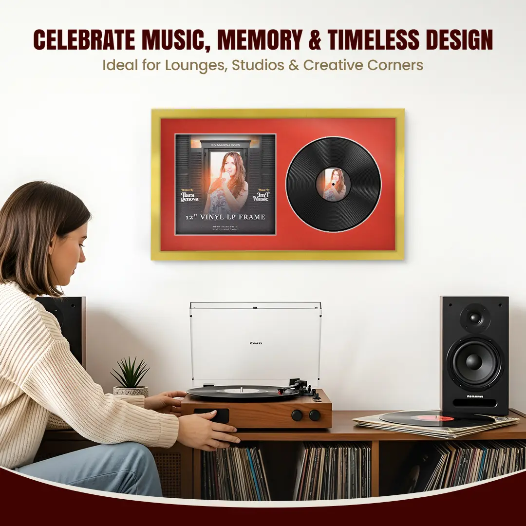 30x17" Modern Sleek Gold Vinyl Record Frame With Poppy Red Mount | Side by Side 12" LP Cover & Disc Display thumbnail 4