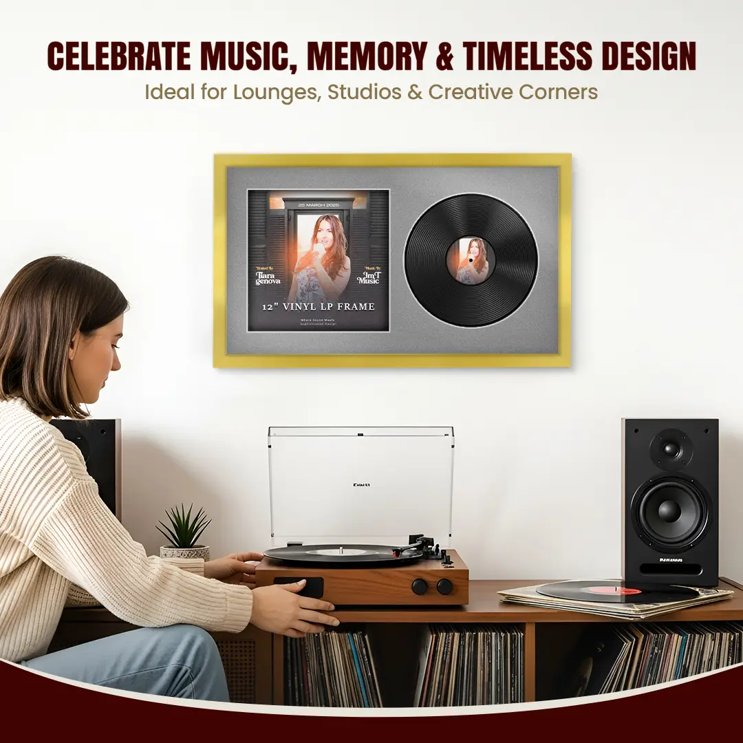 30x17" Modern Sleek Gold Vinyl Record Frame With Silver Mount | Displays 12" LP Cover & Disc Side by Side thumbnail 4