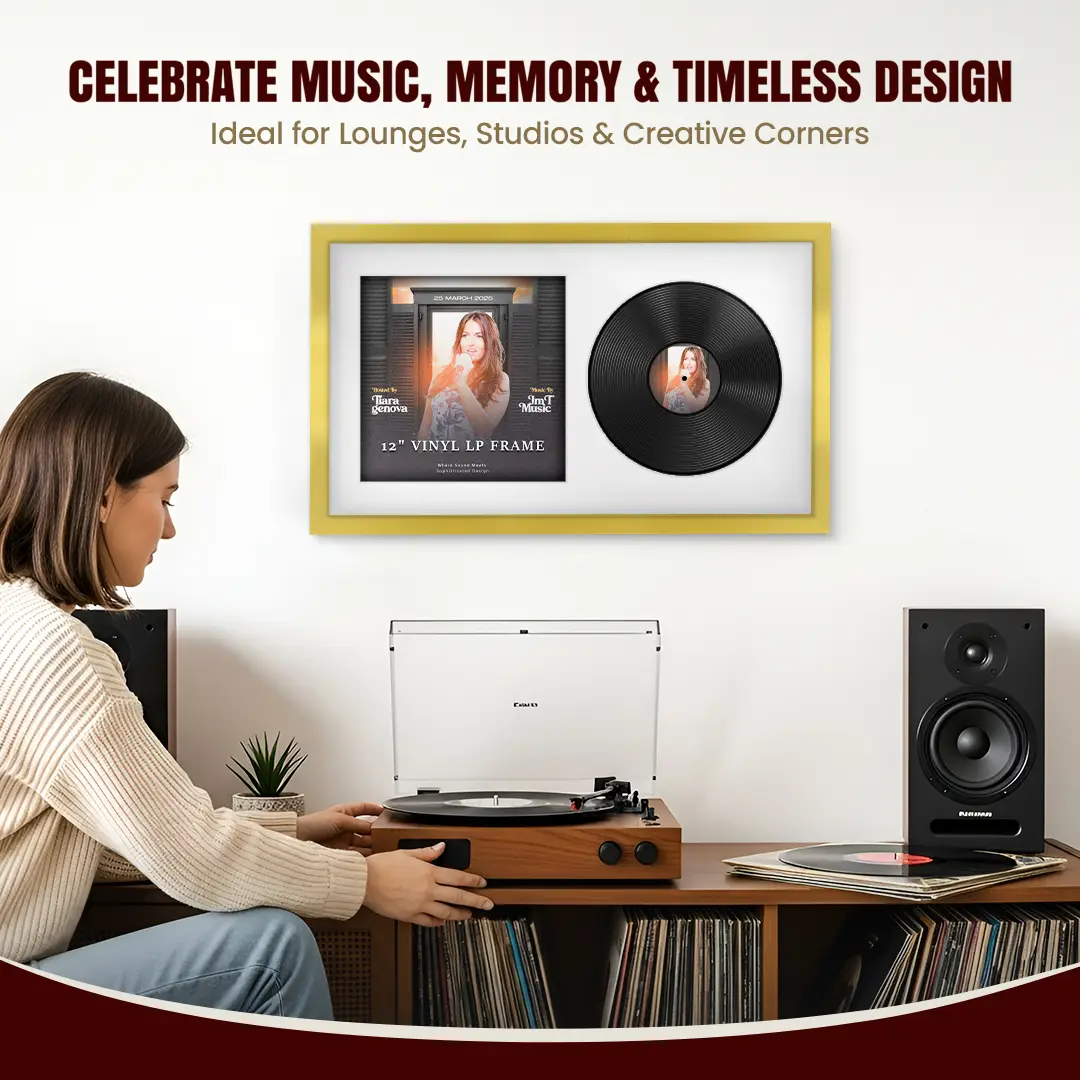 30x17" Modern Sleek Gold Vinyl Record Frame With Ice White Mount | Side by Side 12" LP Cover & Disc Display thumbnail 4