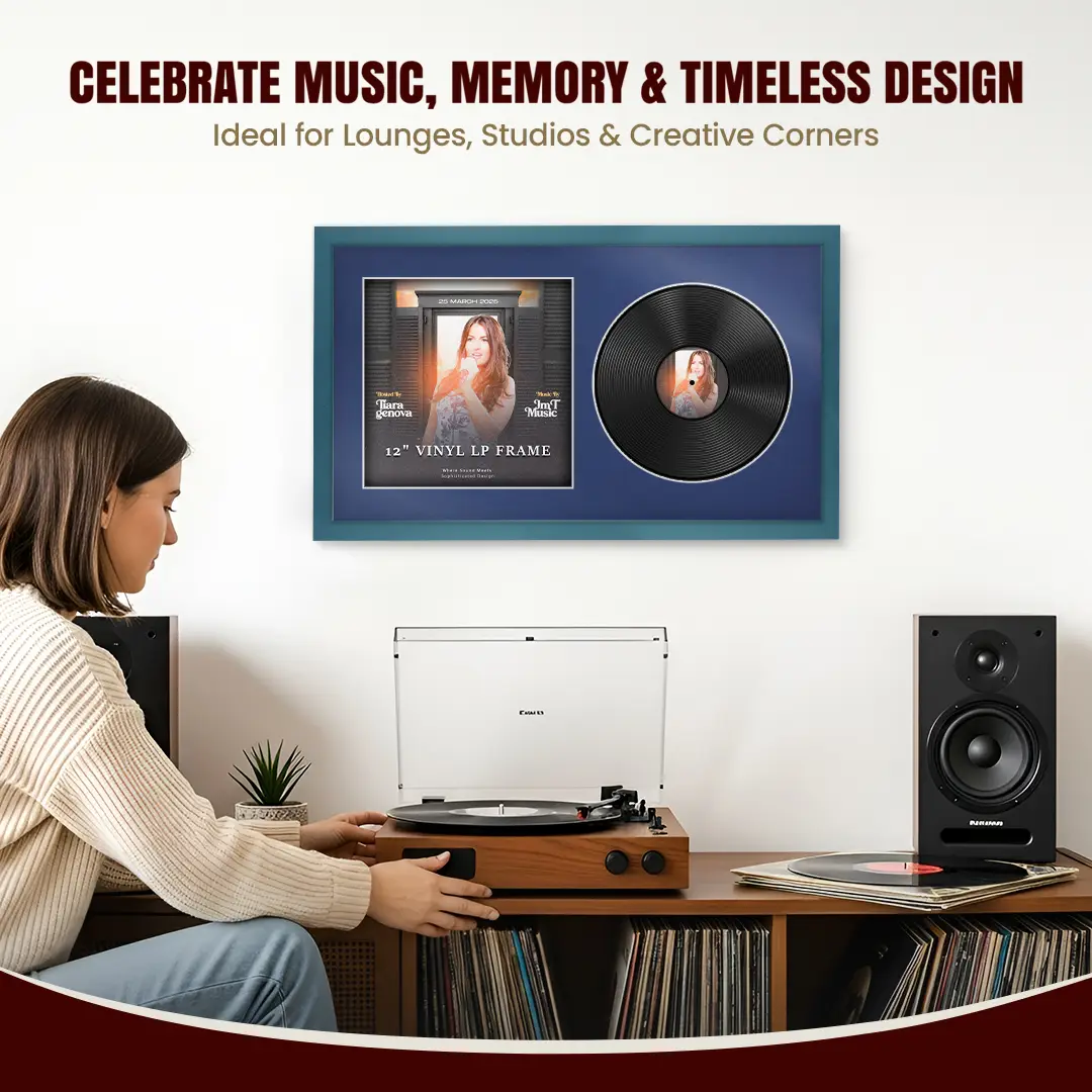 30x17" Modern Sleek Navy Blue Vinyl Record Frame With Blue Mount | Side by Side 12" LP Cover & Disc Display thumbnail 4
