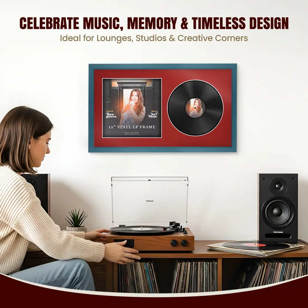 30x17" Modern Sleek Navy Blue Vinyl Record Frame With Crimson Mount | For 12" LP Cover and Disc Side By Side Display thumbnail 4